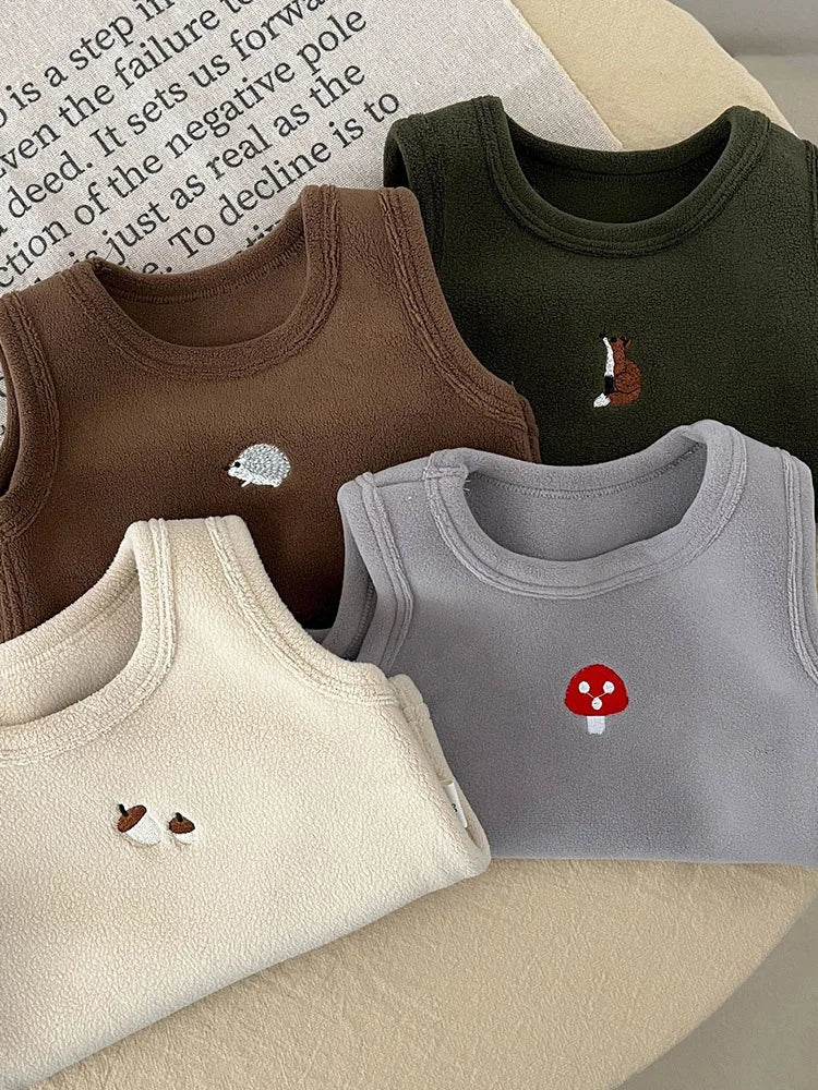 Ins Autumn Winter Boy Girl Baby Cartoon Warm Sleeveless Vest Children Embroidery Fleece Thick Tops Kid Fashion Cotton Waistcoat