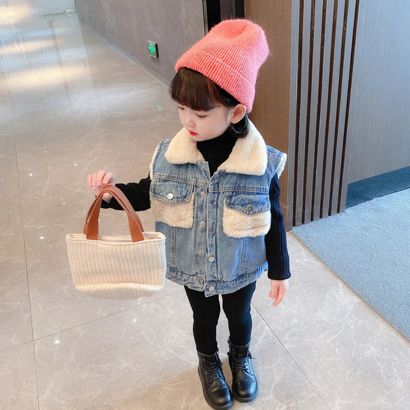 Boys and Girls' Vest Fleece Soft and Thickened Denim Tank Top Autumn Winter 2023 New Children's Coat Girls Fashion Kids Outfit