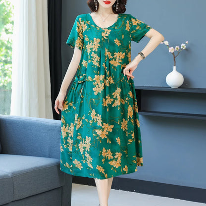 2024 O-Neck Floral Print Boho  Dress Short Sleeve Dress Sundress Robe Women Dresses Summer plus size dress