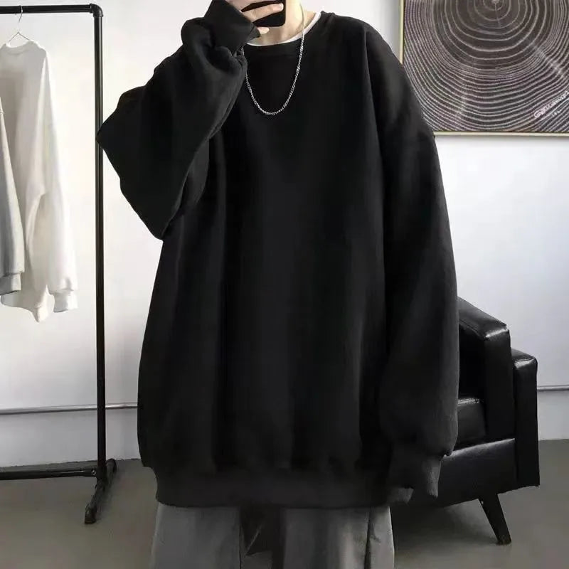 Pullover Daily Simple Black O Neck Fashion Sweatshirt Men Autumn Winter Y2k Clothing Fleece Thick Youth Straight Boy Hoody Tops