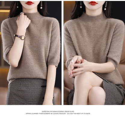 Fashion Half Short Sleeve 100% Merino Wool Sweater Basic Mock-Neck  Cashmere Women Knitted Top  Pullover Clothing Tops