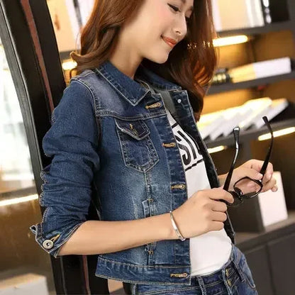 2023 Spring New Korean Style Slim Short Jacket Versatile Solid Color Long Sleeve Denim Jacket Women's Fashion