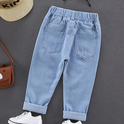 Spring Autumn Children Jeans  Boys Cotton Print Splice Stretch Denim Pants Korean Teenage Trousers Wear Kids ClothingDenimRipped