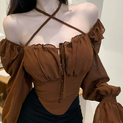 French Sexy Slim Chiffon Shirt Ruffle Slash Neck HotSweet Women's Clothing Crop Top Shirts And Blouses Elegant Female Blouses