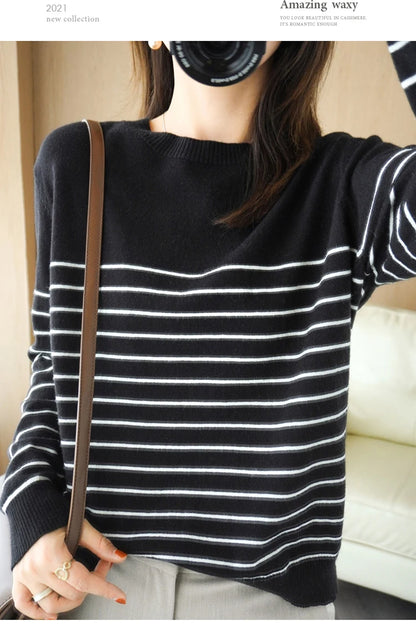 100% Cotton Knitted Sweater Women's Sweater Striped Color Matching Round Neck Large Size Loose Temperament Long Sleeve Bottoming