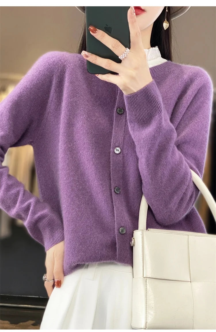 2024Spring and Autumn  New 100% pure merino cashmere sweater women's O-neck cardigan loose long-sleeved sweater top