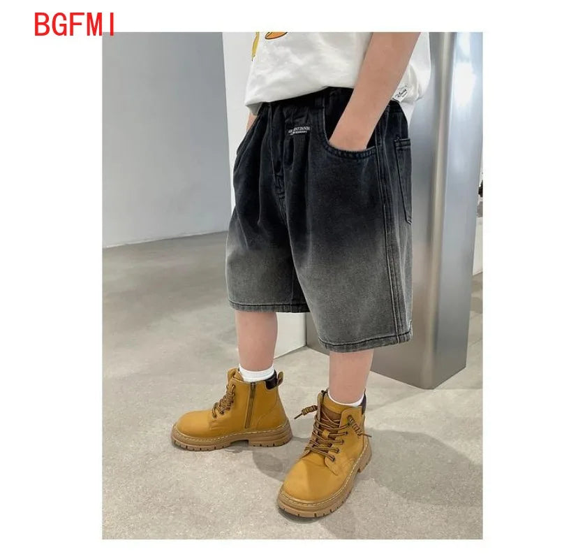 2024 Summer Pants Teenage Boy's Shorts New Cotton Thin Gradient Color Denim Shorts Children Short Jeans Clothing for Junior Boy