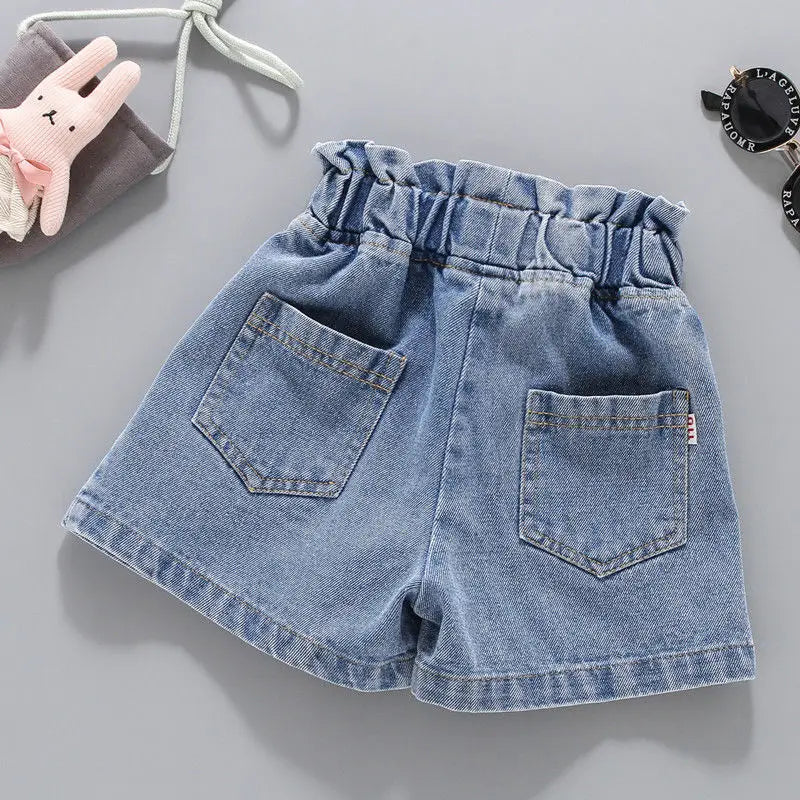 Kids Fashionable Patchwork Rainbow Flowers Jeans Back Dual Pockets Design Summer Thin Girls' Beaded Wide Leg Loose Short Pants