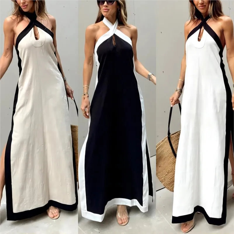 Summer Sexy Women's Dress New Style Cotton Linen Backless Halterneck Slit Vintage Boho Prom Dresses For Women Maxi Robe Femme