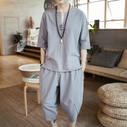 Prowow Summer Men's Linen Set Chinoiserie Large Loose Capris Casual Tang Suit Cotton Linen Two Piece Set for Men