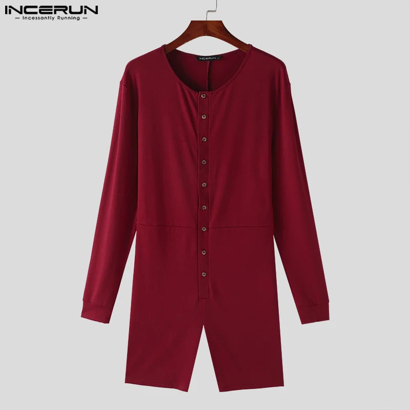 INCERUN 2024 Sexy Men Rompers Open Front Solid Knitted Long Sleeved Jumpsuits Male Hot Selling O-Neck Flat Angle Bodysuits S-5XL