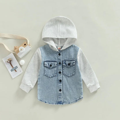 FOCUSNORM 0-4Y Kid Boy Autumn Jacket Coat Long Sleeve Hooded Pockets Buttons Color Patchwork Denim Outwear 3 Colors