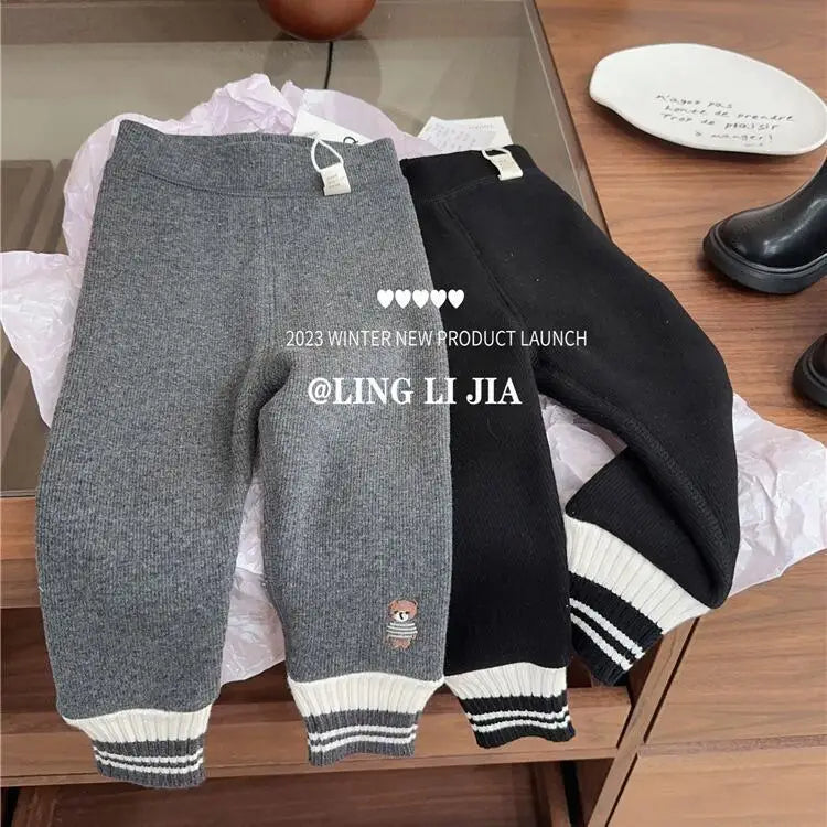 Autumn Winter Girls Leggings Fleece Thickened Striped Hem Children Girls Underwear Pants Kids Girls One-piece Fleece Pants