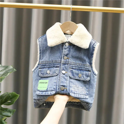 Cashmere Warm Child Waistcoat With Bear Winter Denim Coats Baby Girls Boys Vest Kids Outfits Children Outerwear For1-6 Years old