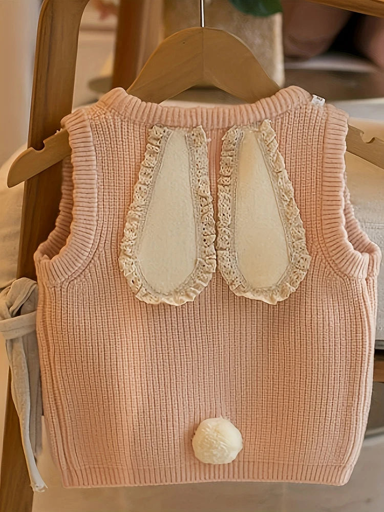 Girls 2024 Bunny Ear Cardigan Vest Spring Autumn Sweater Princess Cream Fashion Sweet Style Top Baby Clothing Cute Knitted Vests