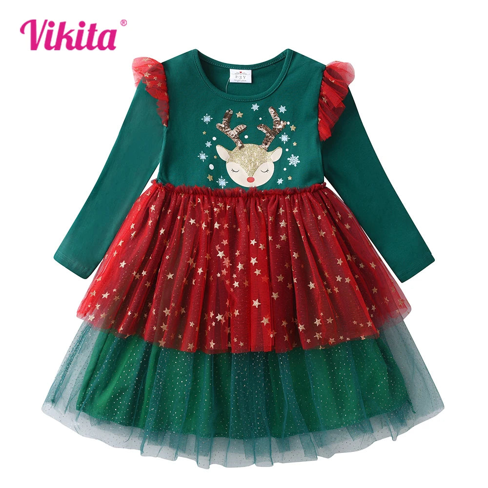 VIKITA Girls Christmas New Year Dresses Kids Elk Snowflakes Print Long Sleeve Autumn Winter Princess Cute Fashion Dress 3-12 Yrs