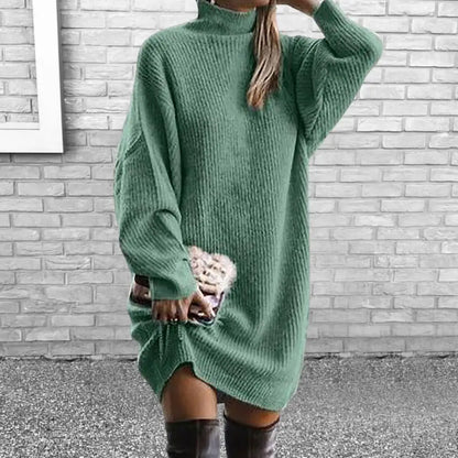 Fashion Midi Dress Coldproof Knee Length Women Winter Knitted Solid Color Pullover Knitting Dress