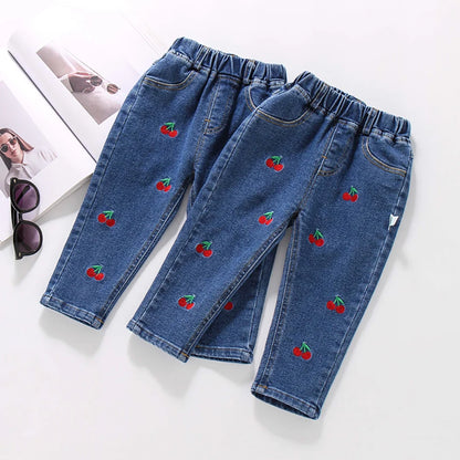 Jeans For Girls Cherry Pattern Jeans Girl Casual Style Jeans Kid Spring Autumn Children Clothes