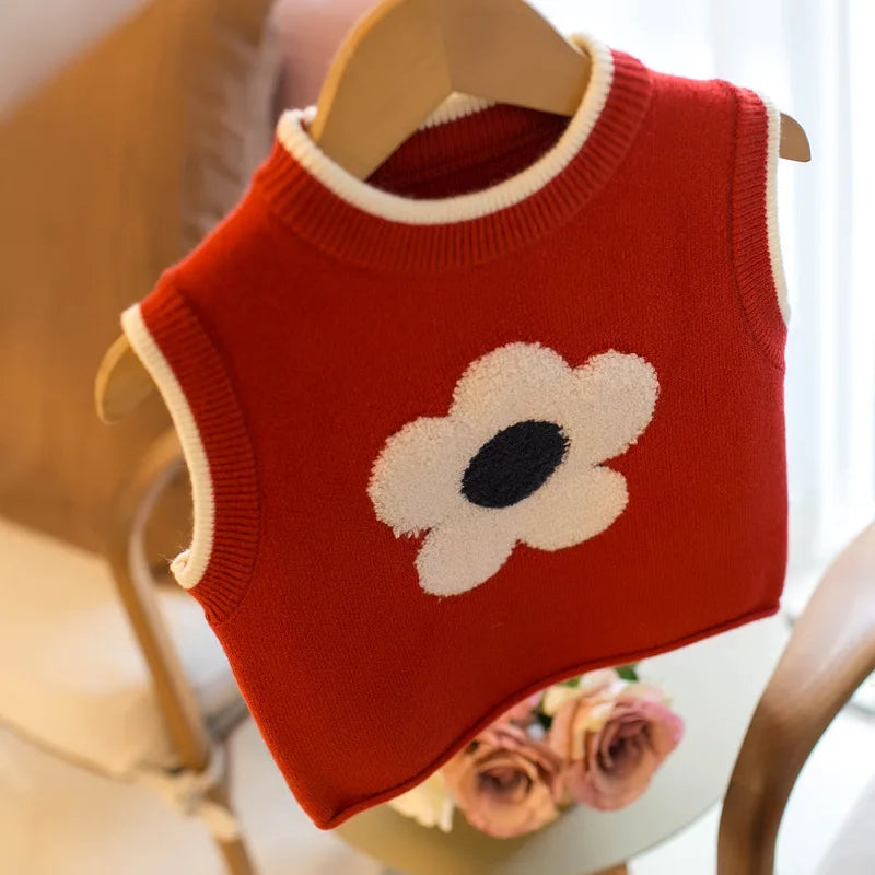 2024 New Baby Girls Knitted Vest Children'S Flower Sweater KIds Clothing Cute Girl Pullover Striped Vest Versatile Fashion Top