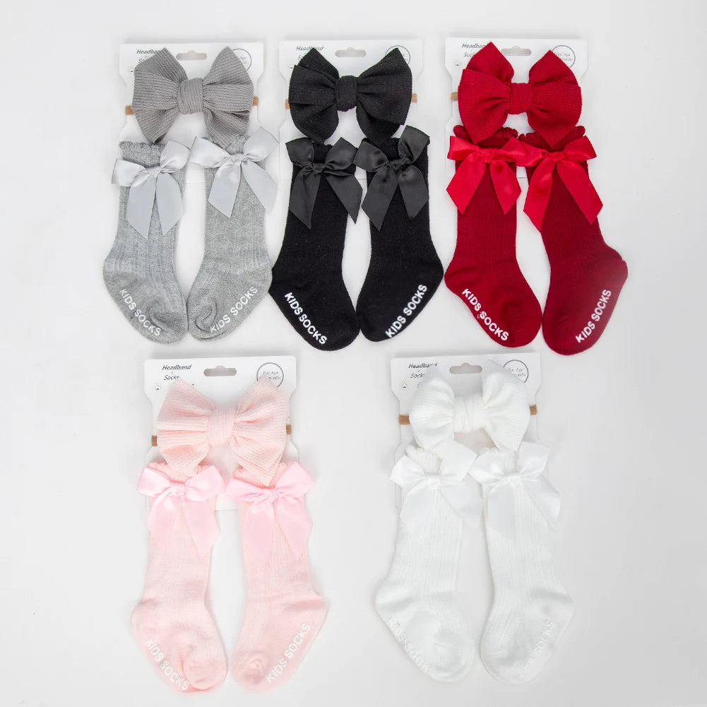 3Pcs/Set Baby Cotton Knee Socks Silk Stain Bow Headbands Non-slip 0-12M Long Leggings Stockings Nylon Hairbands Boys Girls Sock