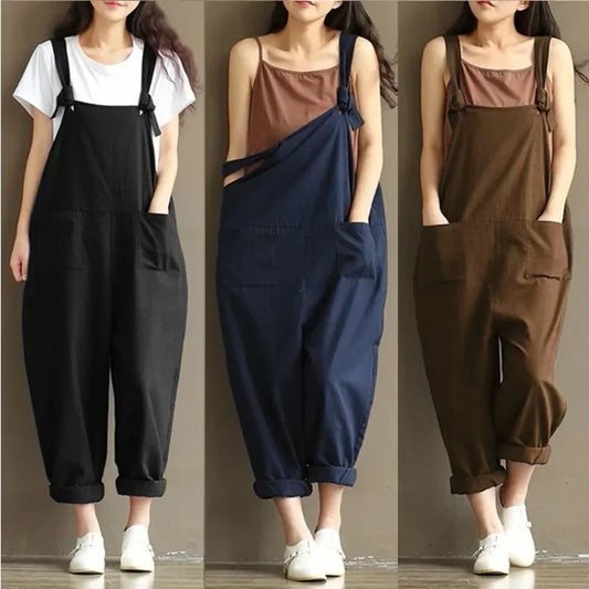 Women's Solid Color Simple Suspender Jumpsuit Sanded Cotton Pocket Loose Suspender Casual Pants Daily Commuter Wear S-3XL