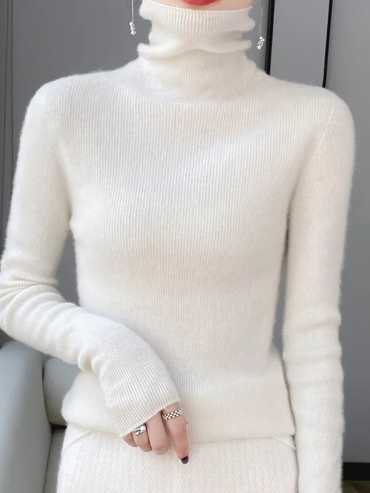 Women Turtleneck Sweater Autumn Winter Slim Basic Bottoming Pullover 100% Merino Wool Soft Kniwear Korean Popular Clothes Tops