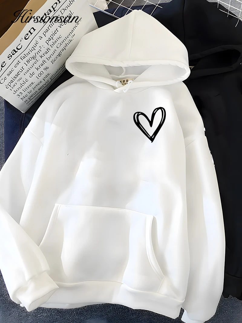 Hirsionsan Simplic Heart Print Women Sweatshirt Soft Casual Loose Vintage Female Hoodies 2023 Winter Warm Fleece Student Tops