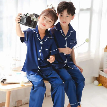 2pcs Boys Girls Pajamas Silk Pants Long Sleeve Solid Button-Down Pyjamas Satin Sets Nightgown Children Sleepwear Kids Loungewear