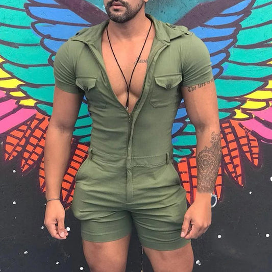 Fashion Jumpsuits for Men 2024 Summer Clothing Solid Color Short Sleeve Overalls Casual Street Wear Work Male Cargo Y2K Clothes