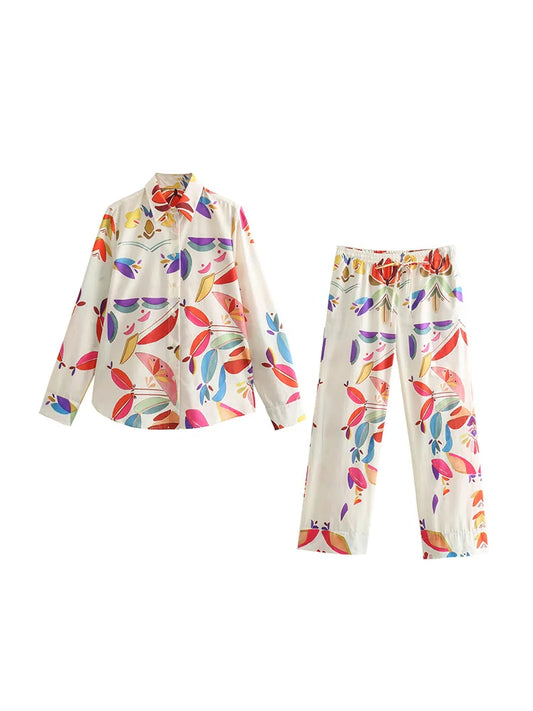 2024 Fashion New In Matching Sets Geometric Print Pant Sets Long Sleeve Shirt And Trousers Two Piece Co Ord Set For Women