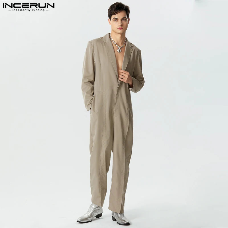 Casual Simple Style Bodysuits INCERUN Men's Deep V-neck Design Rompers Fashion Solid All-match Long Sleeved Jumpsuits S-5XL 2024