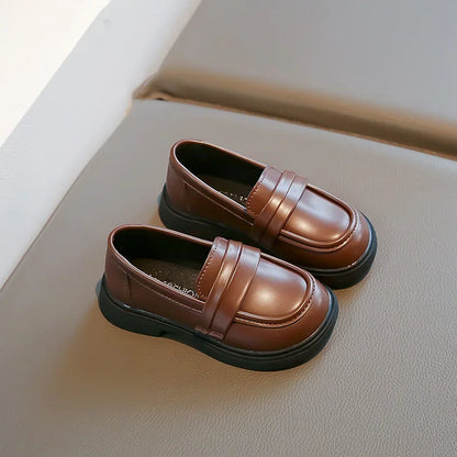 New 2024 Spring Autumn PU Leather Shoes Boys Girls Britain Style Black Brown Performance Shoes Children Slip-on Casual Loafers