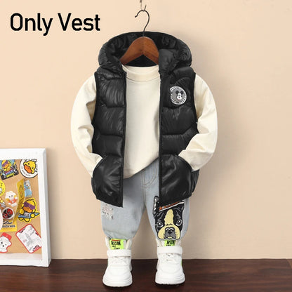 New Autumn Cartoon Mickey Mouse Boys Down Vest Winter Baby Bright Hooded Waistcoat Cotton Outerwear Kids Jacket Children Clothes