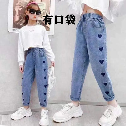 2024 Girls Students Jeans spring autumn Korean Wild Loose cartoon print Elastic Waist Straight Thin Wide-leg jeans 3-12Y