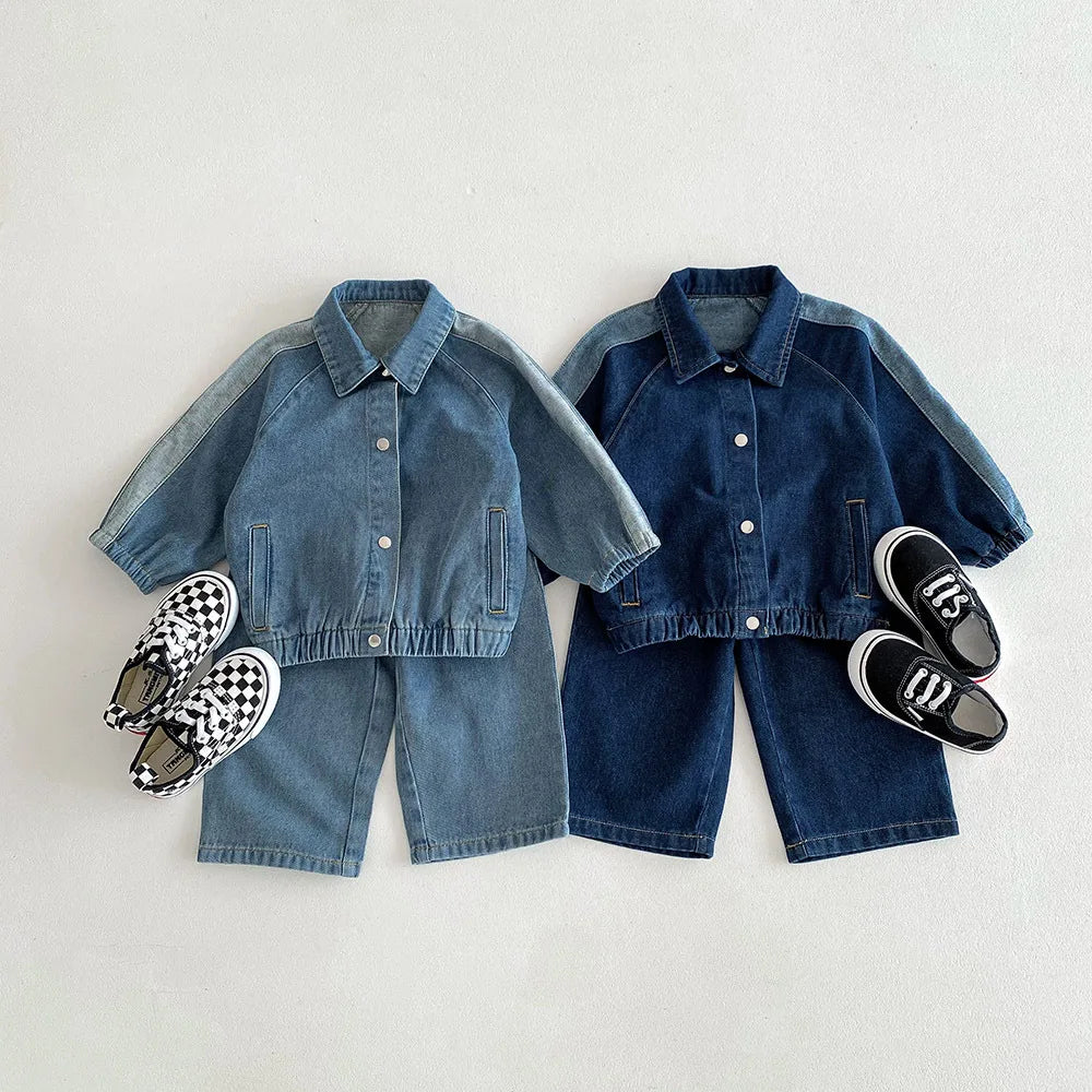 2024 Spring Autumn Kids Lapel Denim Coat Retro Girl Baby Jeans Boy Children Cardigan Long Sleeve Coat Loose Toodler Casual Pants