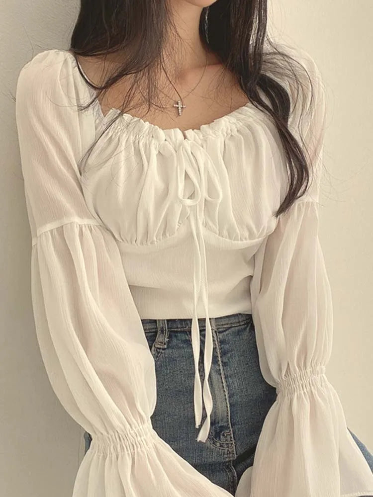 Women Chiffon Blouse Summer Shirt Square Collar Folds Lace Up Waist Tops Korean Fashion Flare Sleeve Elegant Blouses Femme