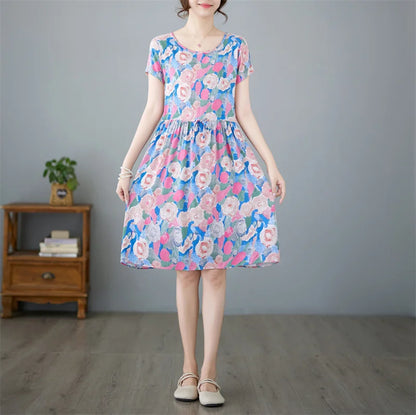 THHONE Summer Dress for Women Floral Casual Print Loose Vintage Draw String Robe Elegant Mini New in Dresses Vestido Feminino