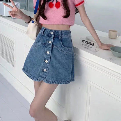 2023 Summer Women\'s Skirt with Shorts Korean Style Single-Breasted Design Blue Denim Skirt Woman Vintage High Waist Mini Skirts