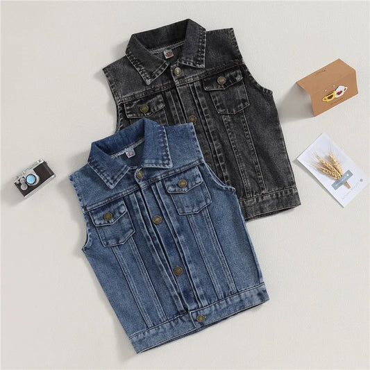 2-7years Kids Vest Jacket Turn-Down Collar Button Closure Denim Vest Casual Sleeveless Denim Waistcoats For Girls And Boys