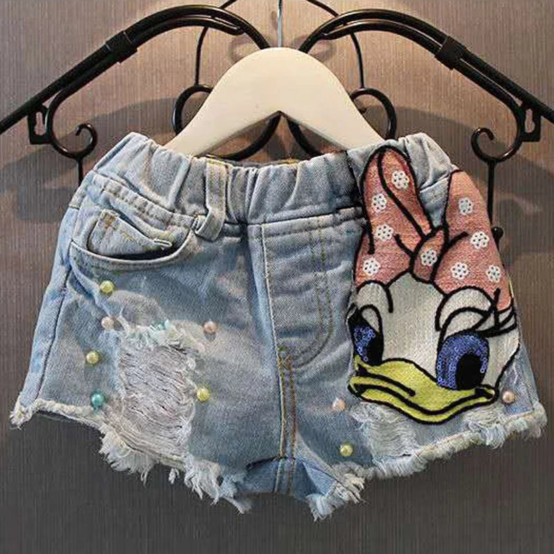 Summer Fashion Kids Clothes for Girls Shorts Cute Cartoon Daisy Denim Shorts Girls Kawaii Pearl Jean Shorts Pants Plus Size