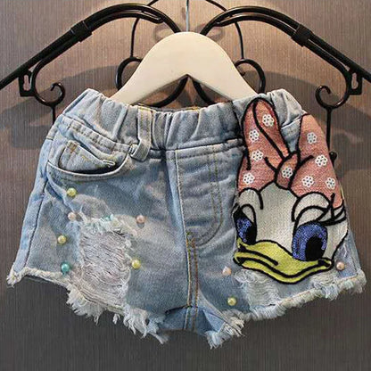 Summer Fashion Kids Clothes for Girls Shorts Cute Cartoon Daisy Denim Shorts Girls Kawaii Pearl Jean Shorts Pants Plus Size