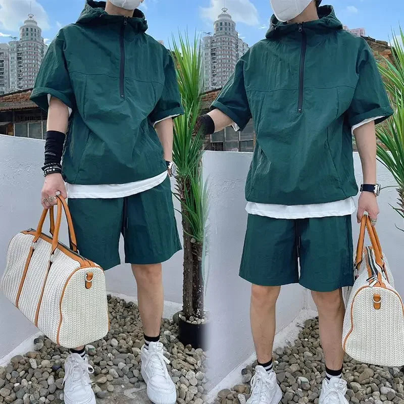 Summer Cargo Style Set Men's Casual Hooded Solid Short Sleeve T-shirt Shorts Loose Fashion High Quality Handsome Sweatshirt Suit