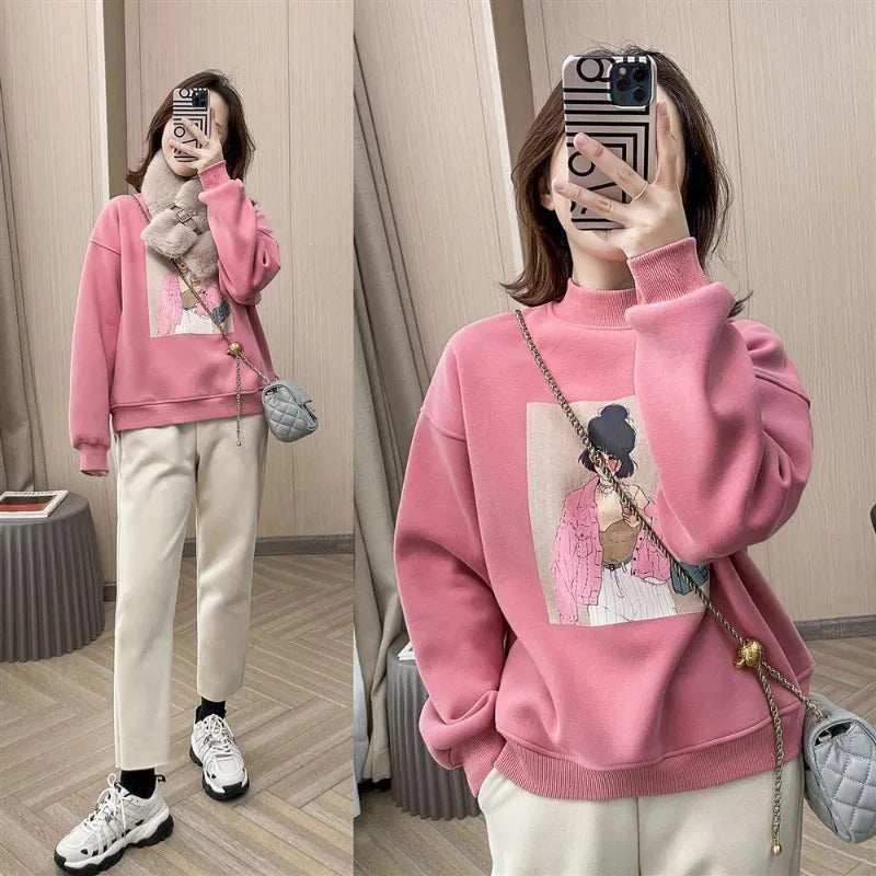 Autumn and Winter Women's Round Neck Long Sleeve Loose Pullovers Printed All Match Korea Fashion Casual Office Lady Tops