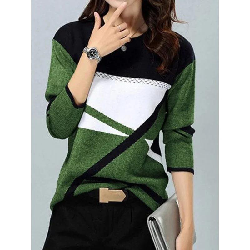 Women Chic T-Shirt Fashion Color Contrast Geometry Print Tops Female Autumn Winter O Neck Long Sleeve Loose Large Size Tees 5XL