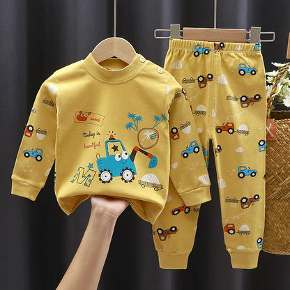 2024 Ins Autumn Children Boys 2PCS Pajamas Set Pure Cotton Warm Full Printed Stretch Kids Girls Sleepwears Toddler Girl Homewear