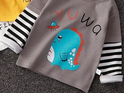 Cartoon T-Shirt Fake Two Piece Cotton Sweatshirt Stripe Kid Boys Spring Autumn Girls Pullover Tops Round Neck Casual Clothes New