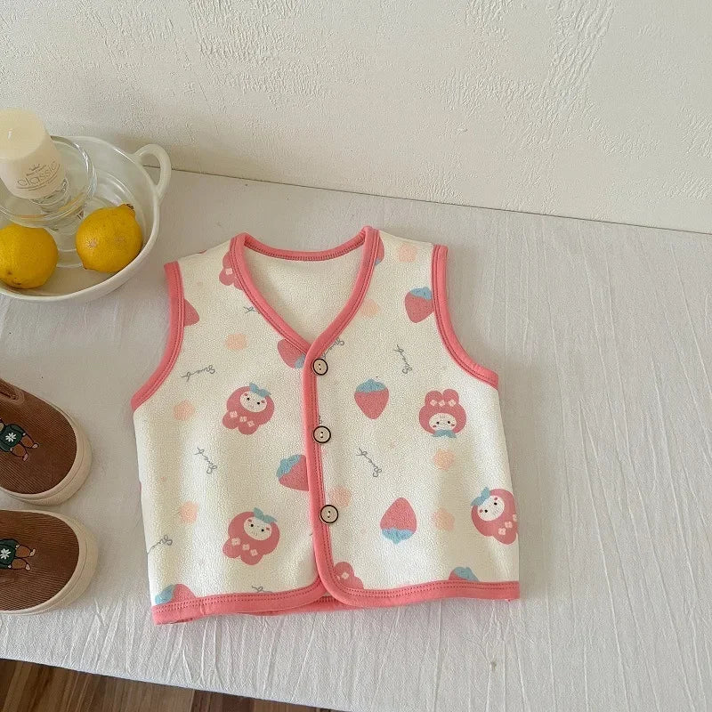 Winter Baby Vests Fleece Sleeveless Jackets for Kids Warm Boys Girls Windbreaker Cartoon Flower Cute Toddler Waistcoat Clothing