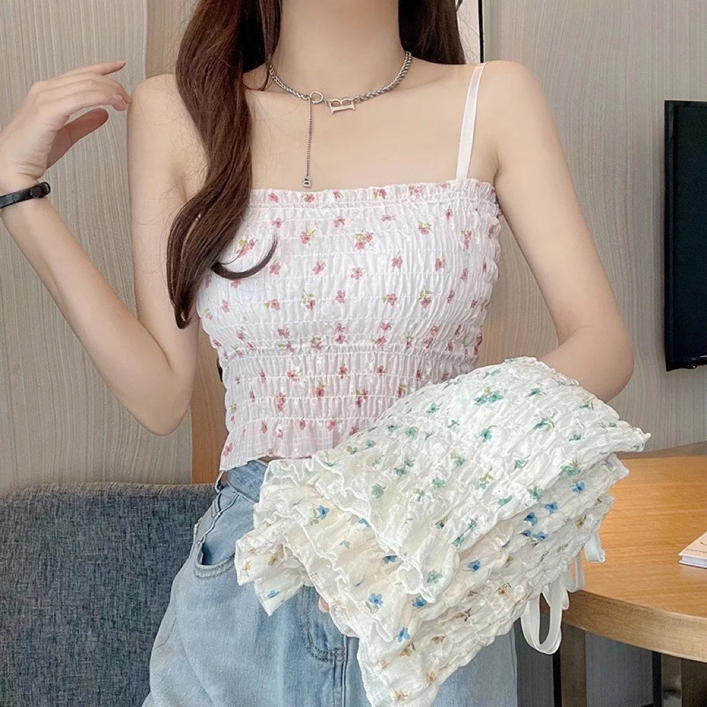 Floral Printed Camisole Woman Summer Sweet Spaghetti Strap Tank Top Female with Built In Bra Corset Women Vest with Padded