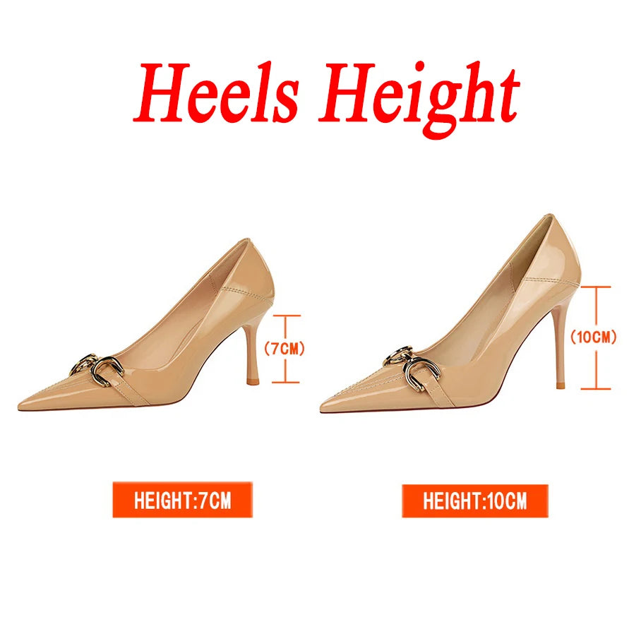 Women 7cm 10cm High Heels Wedding Bridal Replica Pumps Lady Scarpins Metal Chain Buckle Low Heels Stiletto Nude Green Prom Shoes