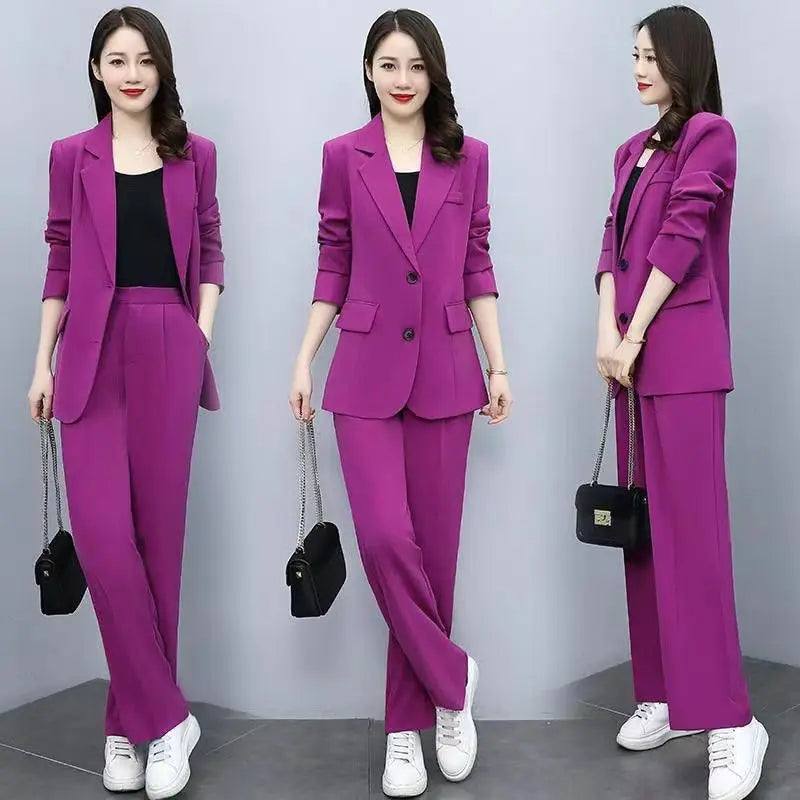 Spring Autumn Thin Women's Blazers Long Pants 2 Piece Set Korean Office Lady Casual Loose Suit Jacket Trousers Outfits Pantsuits